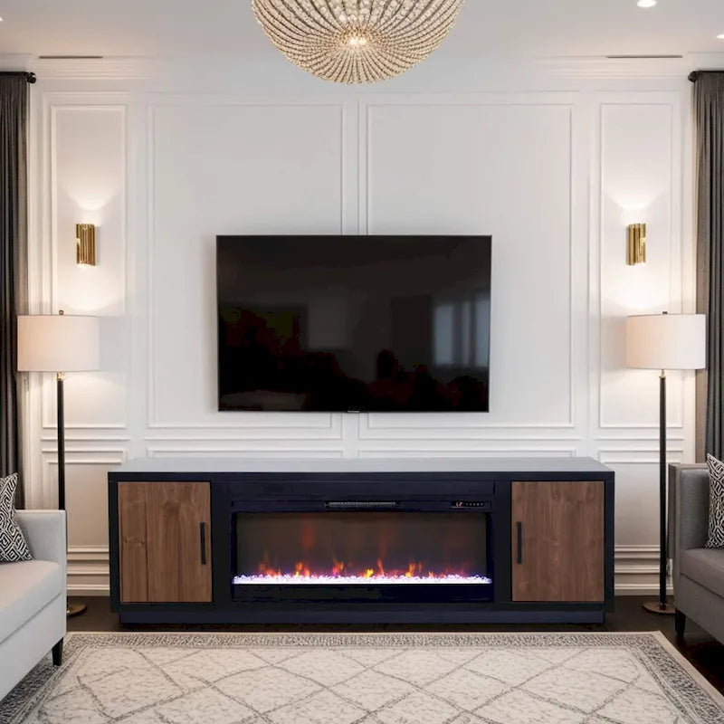 Bridgevine Home Aria 83 inch Fireplace TV Stand for TVs up to 95 inches, Minimal Assembly, Black and Walnut Finish