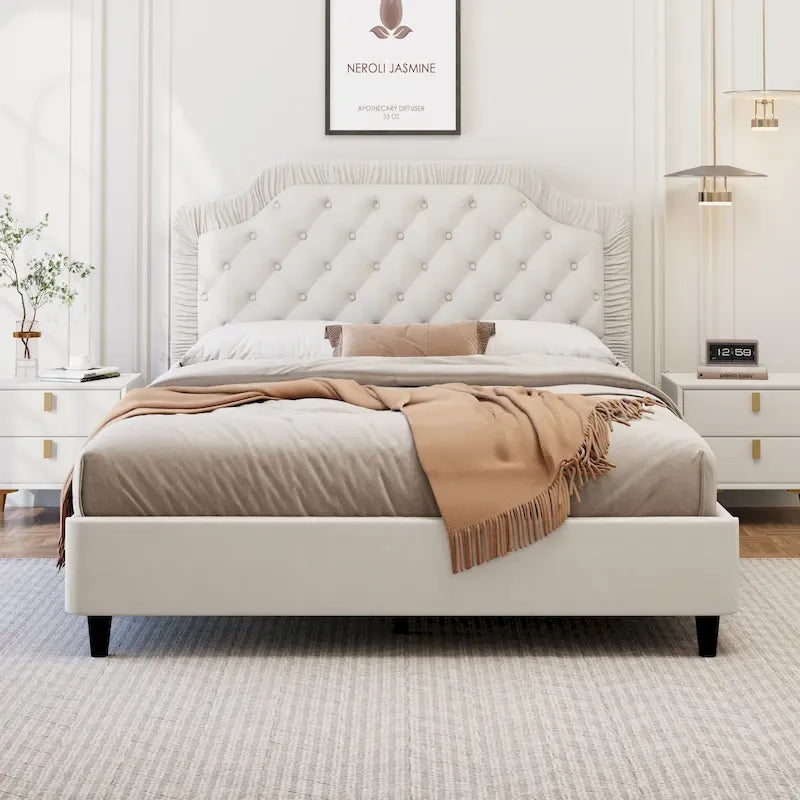 Modern King-Size Upholstered Bed with Pleated and Button-Tufted Headboard, Solid Wood Frame, Metal Base, No Box Spring Needed