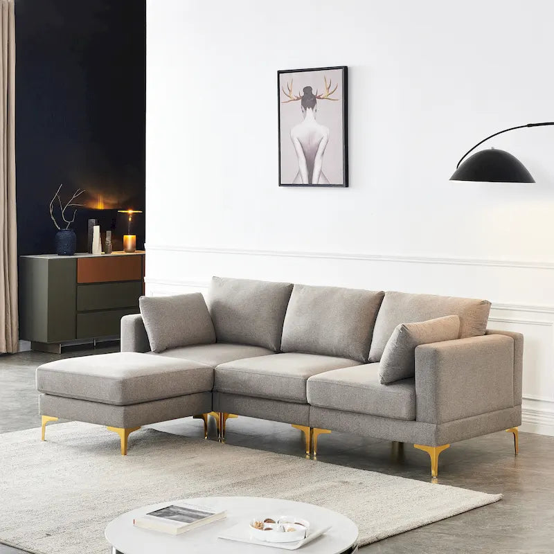Beige L-Shape Sectional Sofa with Gold Metal Legs and Ottoman