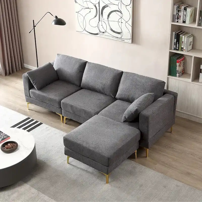 Beige L-Shape Sectional Sofa with Gold Metal Legs and Ottoman