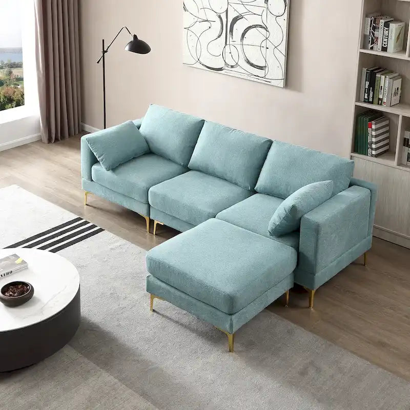 Beige L-Shape Sectional Sofa with Gold Metal Legs and Ottoman