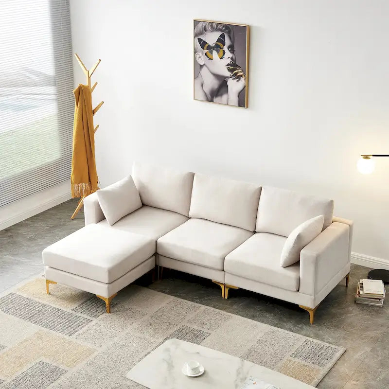 Beige L-Shape Sectional Sofa with Gold Metal Legs and Ottoman