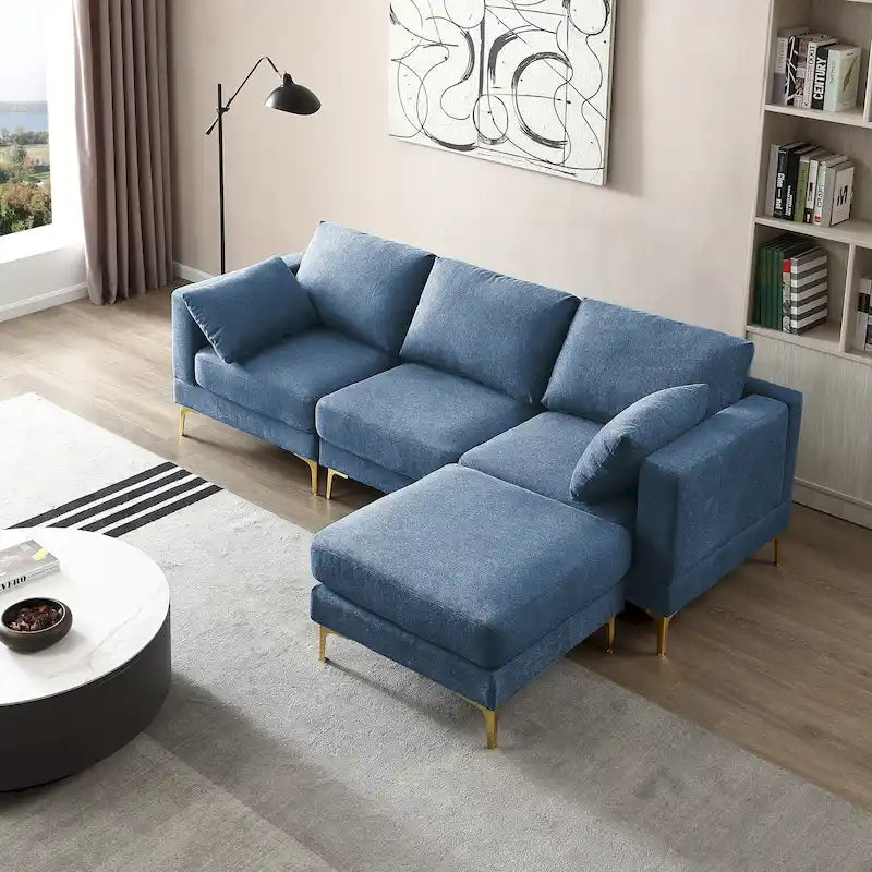Beige L-Shape Sectional Sofa with Gold Metal Legs and Ottoman
