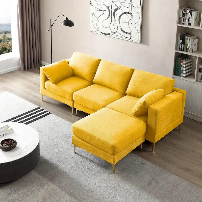Beige L-Shape Sectional Sofa with Gold Metal Legs and Ottoman