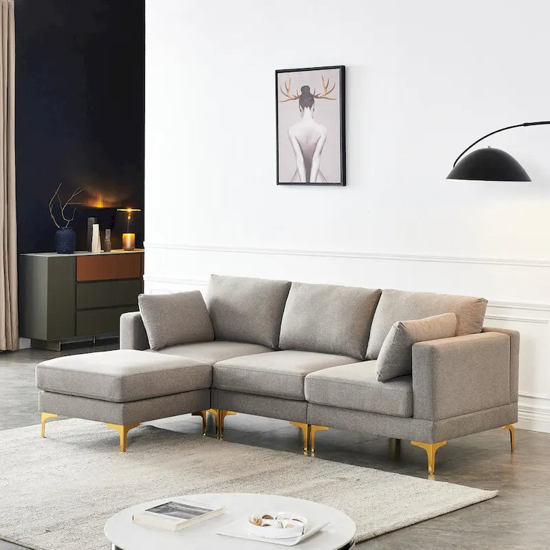 Beige L-Shape Sectional Sofa with Gold Metal Legs and Ottoman