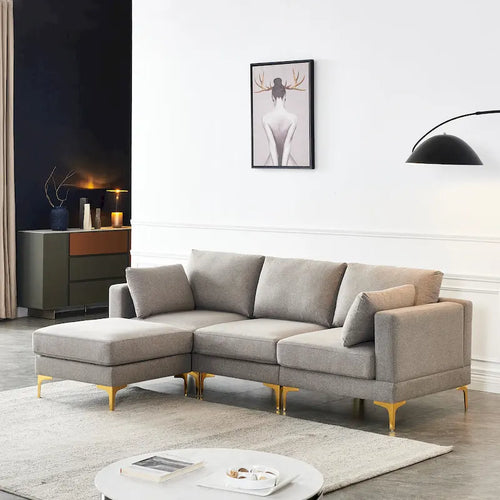 Beige L-Shape Sectional Sofa with Gold Metal Legs and Ottoman