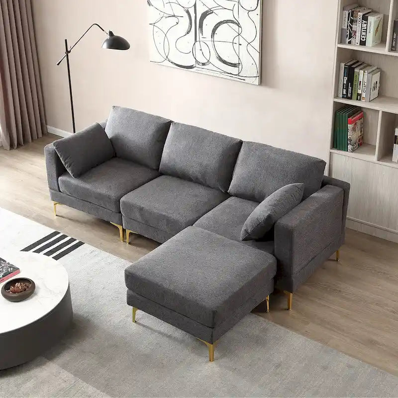 Beige L-Shape Sectional Sofa with Gold Metal Legs and Ottoman