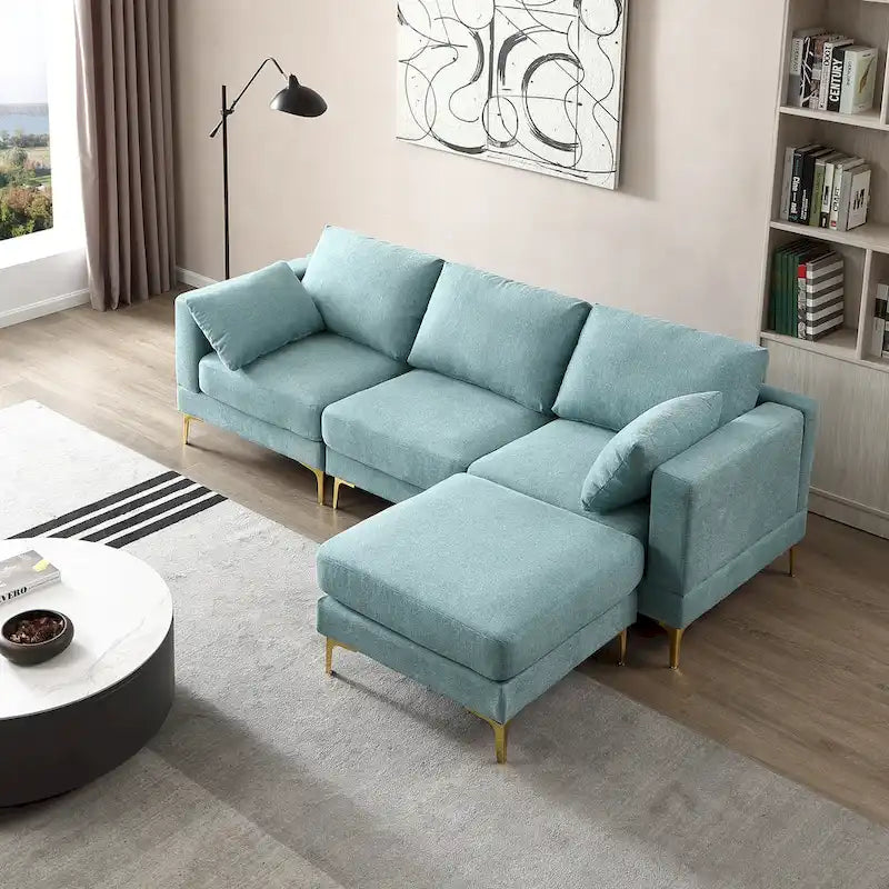 Beige L-Shape Sectional Sofa with Gold Metal Legs and Ottoman