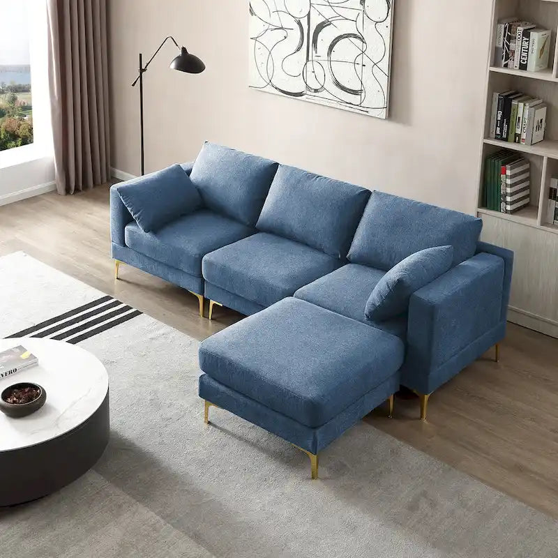 Beige L-Shape Sectional Sofa with Gold Metal Legs and Ottoman