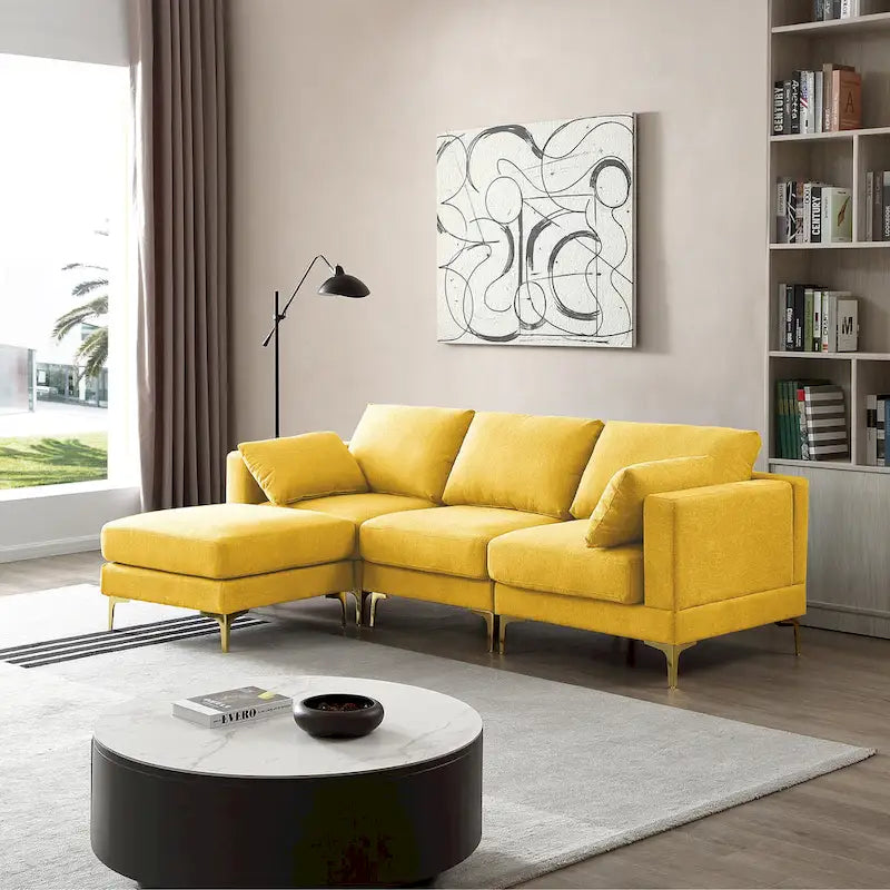 Beige L-Shape Sectional Sofa with Gold Metal Legs and Ottoman