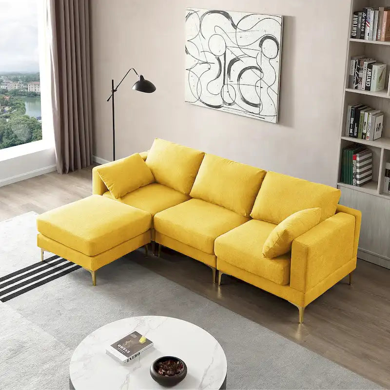 Beige L-Shape Sectional Sofa with Gold Metal Legs and Ottoman
