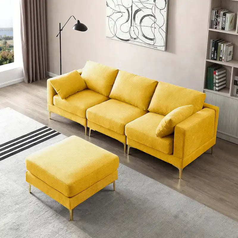 Beige L-Shape Sectional Sofa with Gold Metal Legs and Ottoman