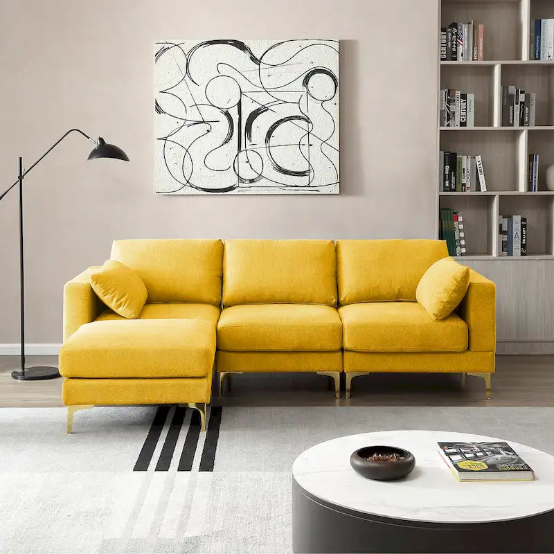 Beige L-Shape Sectional Sofa with Gold Metal Legs and Ottoman