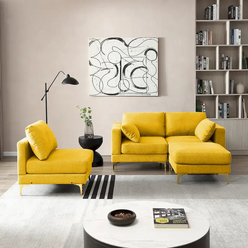Beige L-Shape Sectional Sofa with Gold Metal Legs and Ottoman