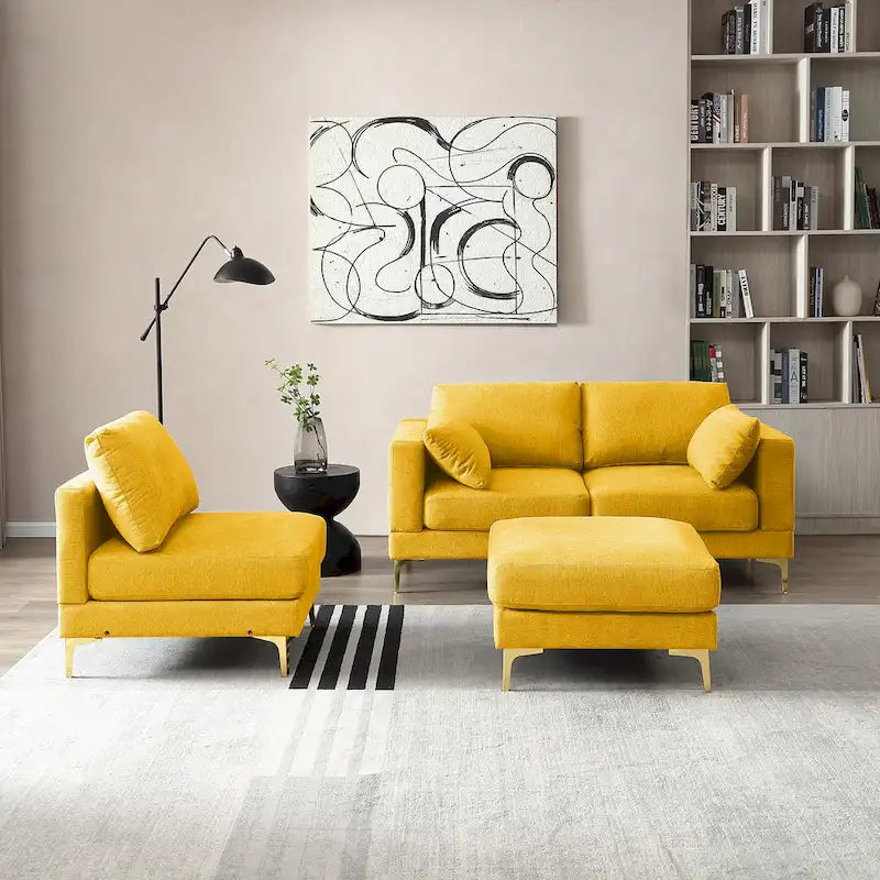 Beige L-Shape Sectional Sofa with Gold Metal Legs and Ottoman