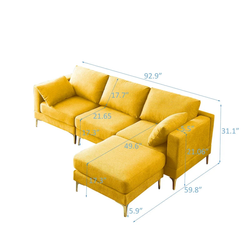 Beige L-Shape Sectional Sofa with Gold Metal Legs and Ottoman