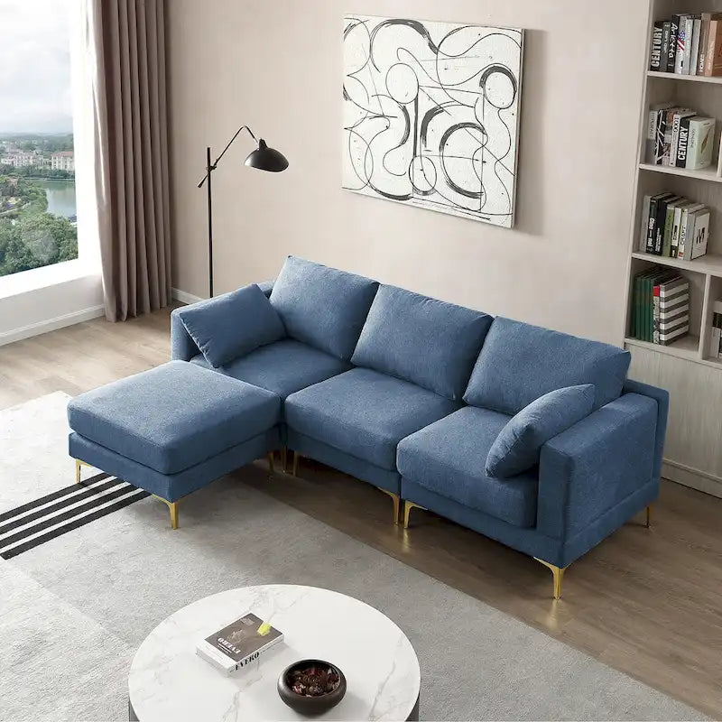Beige L-Shape Sectional Sofa with Gold Metal Legs and Ottoman