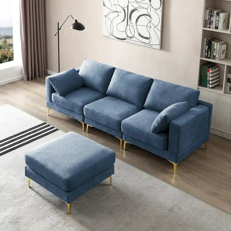 Beige L-Shape Sectional Sofa with Gold Metal Legs and Ottoman