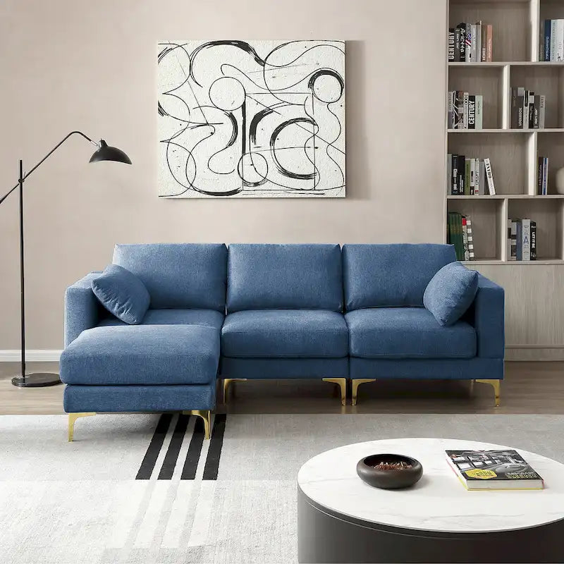 Beige L-Shape Sectional Sofa with Gold Metal Legs and Ottoman
