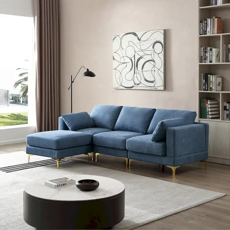 Beige L-Shape Sectional Sofa with Gold Metal Legs and Ottoman