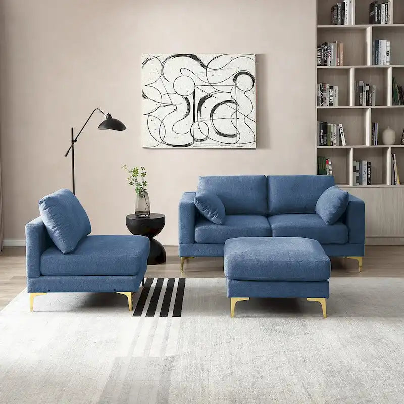 Beige L-Shape Sectional Sofa with Gold Metal Legs and Ottoman