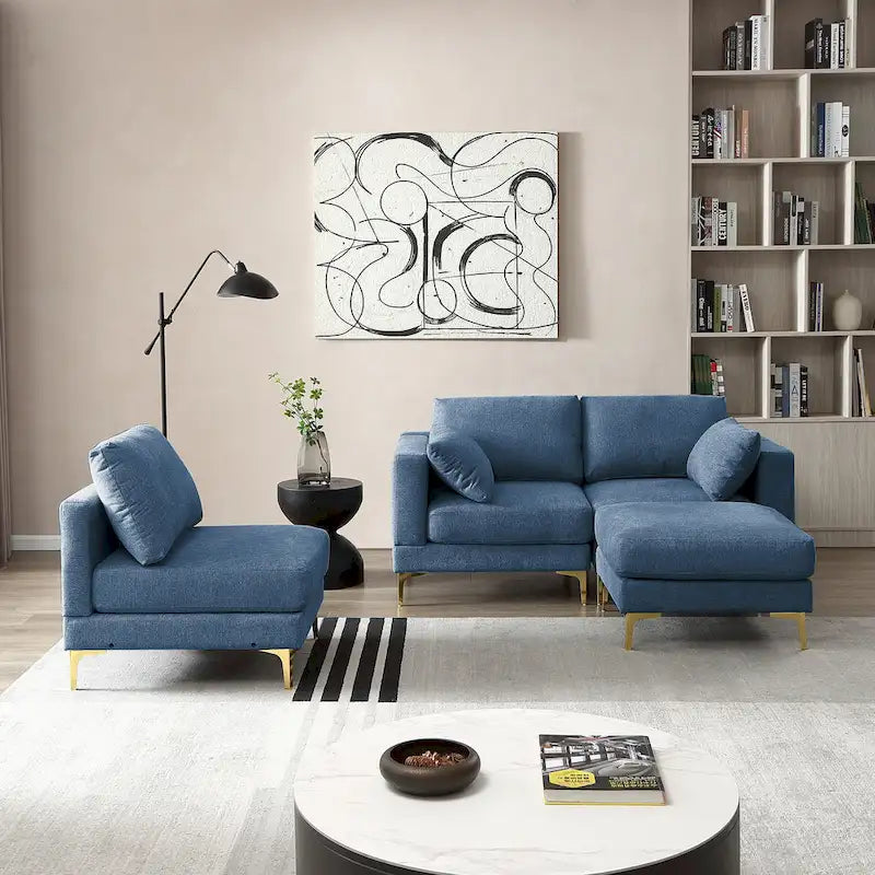 Beige L-Shape Sectional Sofa with Gold Metal Legs and Ottoman