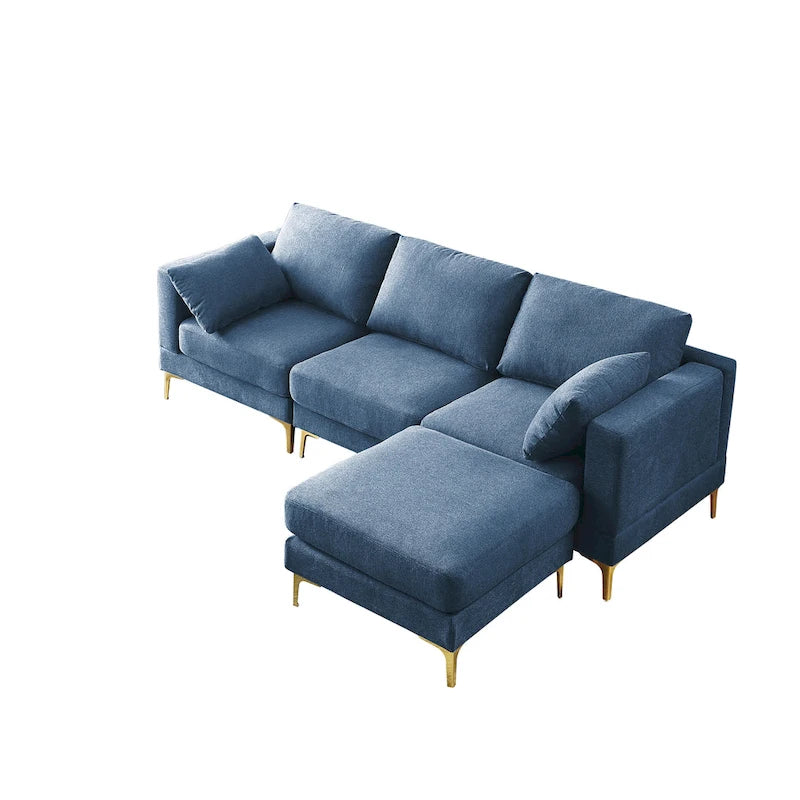 Beige L-Shape Sectional Sofa with Gold Metal Legs and Ottoman