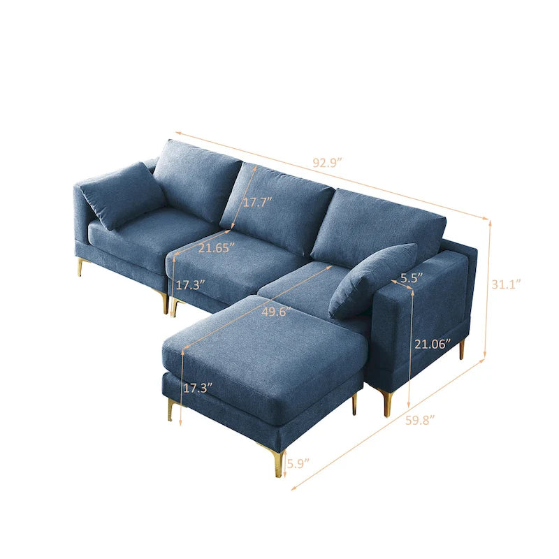 Beige L-Shape Sectional Sofa with Gold Metal Legs and Ottoman