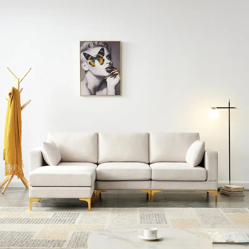 Beige L-Shape Sectional Sofa with Gold Metal Legs and Ottoman