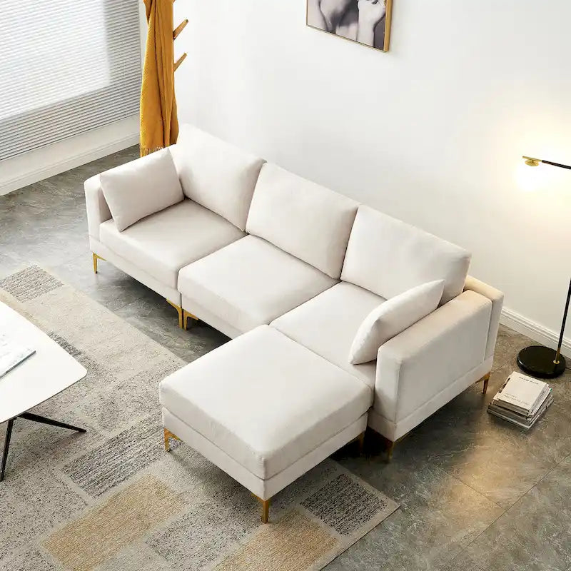 Beige L-Shape Sectional Sofa with Gold Metal Legs and Ottoman