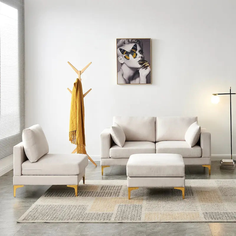Beige L-Shape Sectional Sofa with Gold Metal Legs and Ottoman