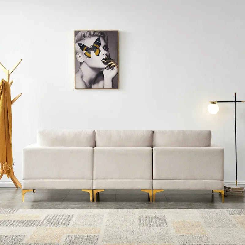 Beige L-Shape Sectional Sofa with Gold Metal Legs and Ottoman