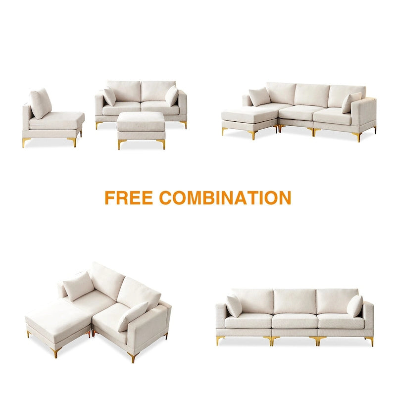 Beige L-Shape Sectional Sofa with Gold Metal Legs and Ottoman