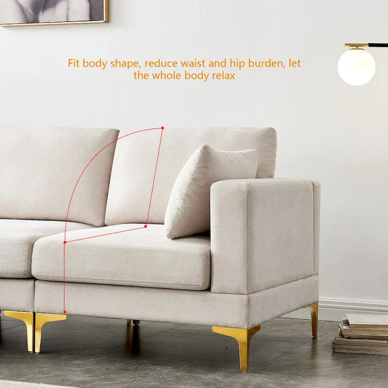 Beige L-Shape Sectional Sofa with Gold Metal Legs and Ottoman