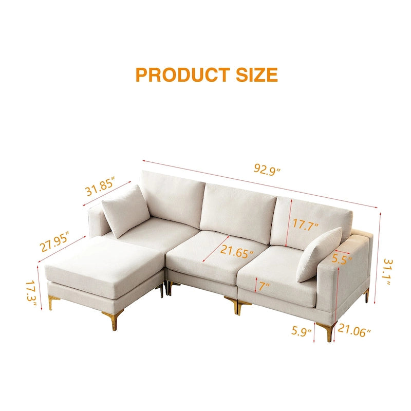Beige L-Shape Sectional Sofa with Gold Metal Legs and Ottoman