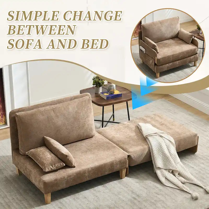 Chenille Upholstered Convertible Sleeper Recliner Foldable Chair Bed with 3 Pillows