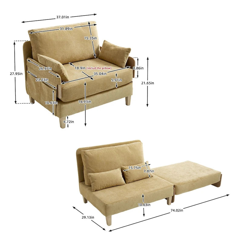 Chenille Upholstered Convertible Sleeper Recliner Foldable Chair Bed with 3 Pillows