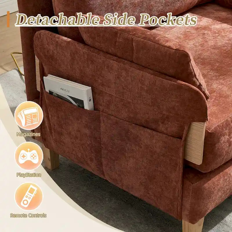 Chenille Upholstered Convertible Sleeper Recliner Foldable Chair Bed with 3 Pillows
