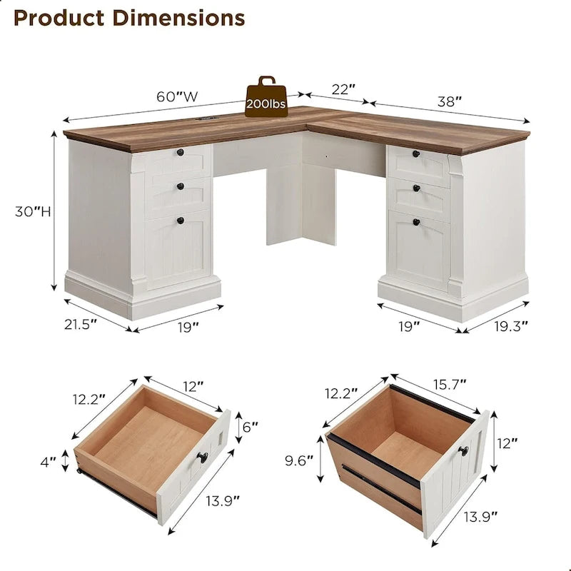 Farmhouse Computer Desk, Wood Home Office Desk with Charging Station