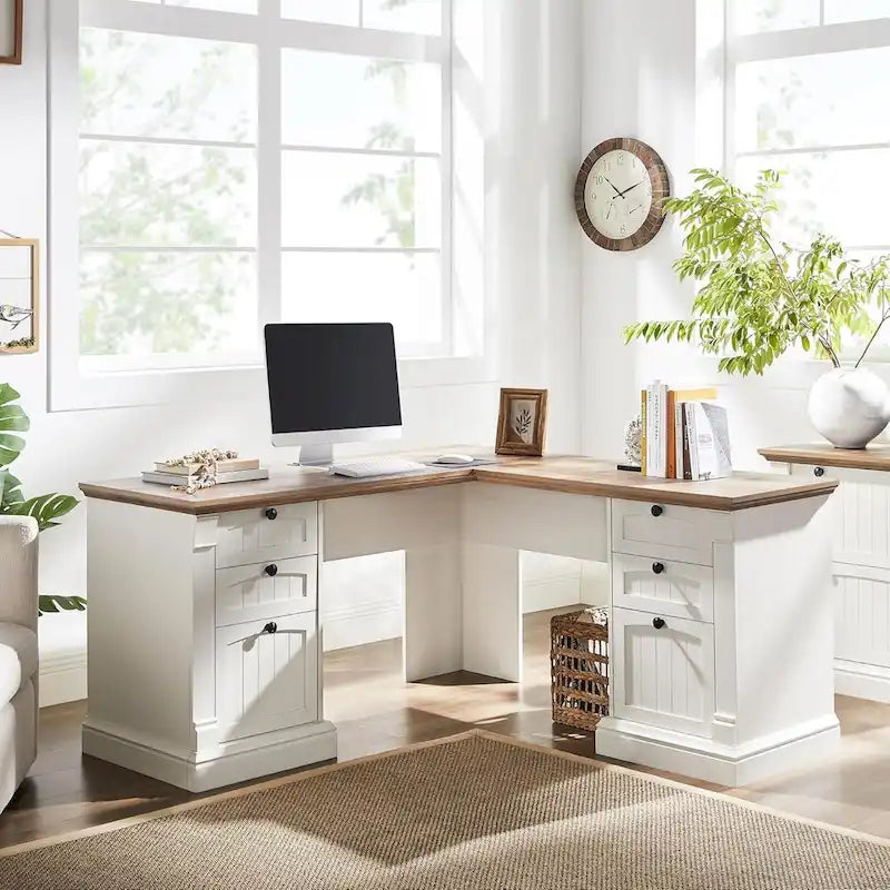Farmhouse Computer Desk, Wood Home Office Desk with Charging Station
