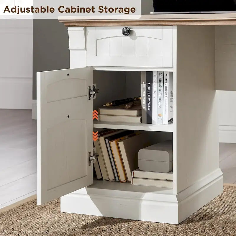 Farmhouse Computer Desk, Wood Home Office Desk with Charging Station