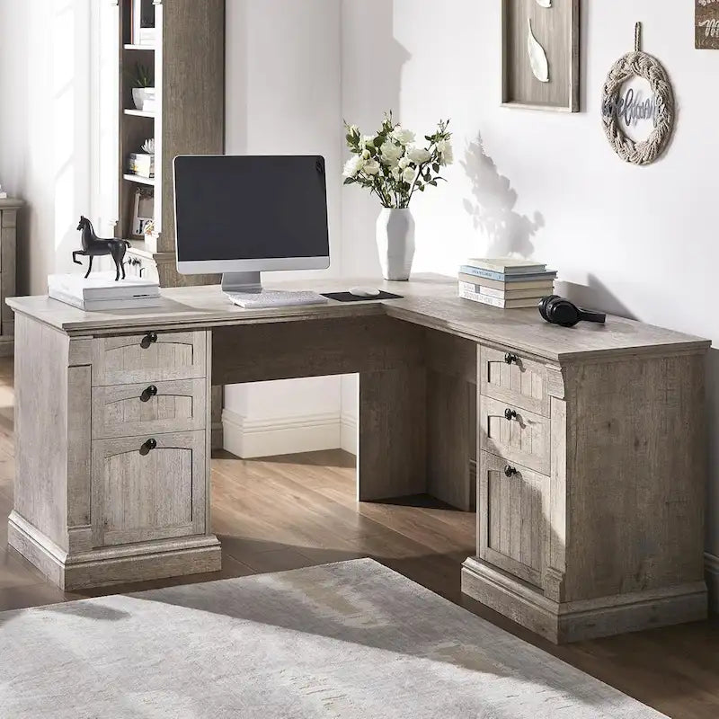 Farmhouse Computer Desk, Wood Home Office Desk with Charging Station