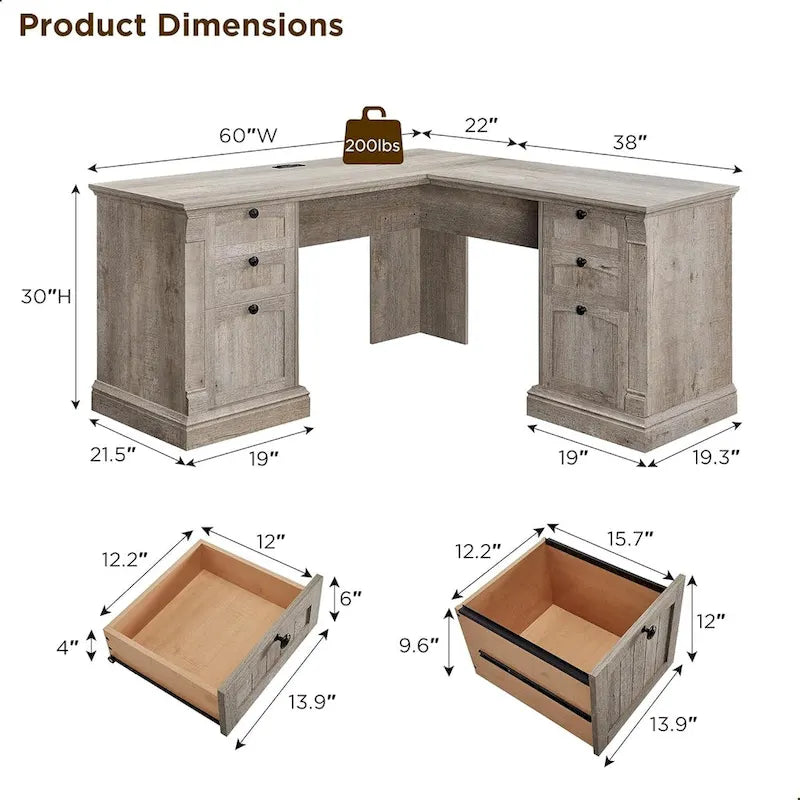 Farmhouse Computer Desk, Wood Home Office Desk with Charging Station