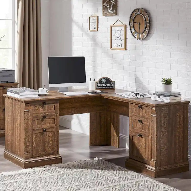 Farmhouse Computer Desk, Wood Home Office Desk with Charging Station