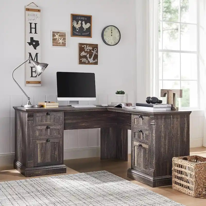 Farmhouse Computer Desk, Wood Home Office Desk with Charging Station