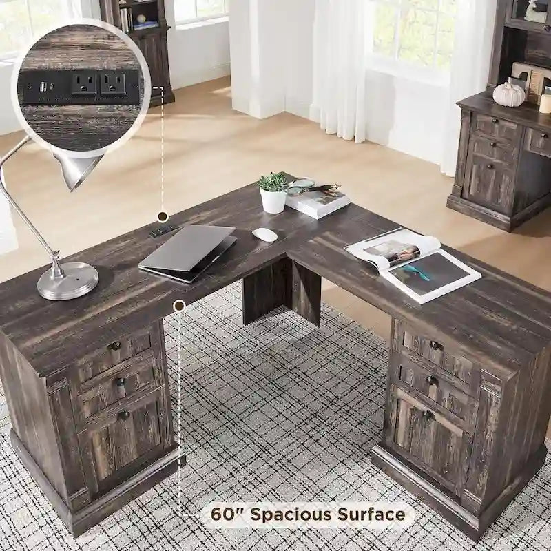Farmhouse Computer Desk, Wood Home Office Desk with Charging Station