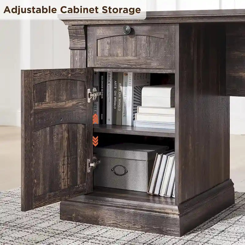 Farmhouse Computer Desk, Wood Home Office Desk with Charging Station