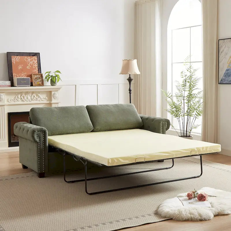 Green 83.8 2-in-1 Polyester 3-seater Nailheads Convertible Pullout Sofa Bed with Folding Mattress for Living Room
