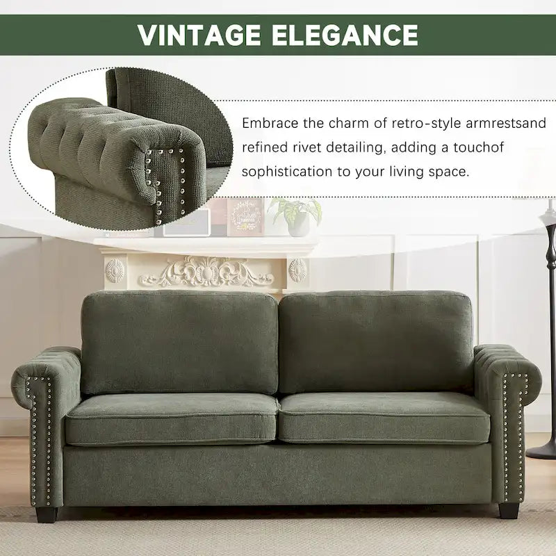 Green 83.8 2-in-1 Polyester 3-seater Nailheads Convertible Pullout Sofa Bed with Folding Mattress for Living Room