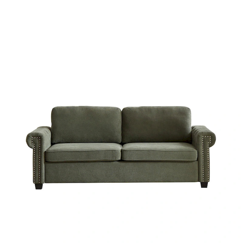 Green 83.8 2-in-1 Polyester 3-seater Nailheads Convertible Pullout Sofa Bed with Folding Mattress for Living Room